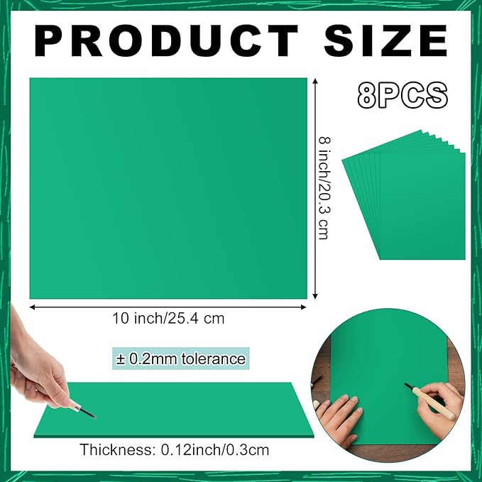 Yeaqee 8 Pcs 8 x 10 Inch Linoleum Block Rubber Carving Block Soft Linocut Blocks Large Linoleum Sheet Unmounted Lino Plates for Engraving Art Project Printmaking Artist Studio Supplies, Green
