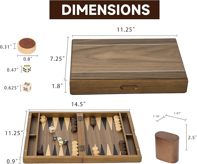 GSE Games & Sports Expert Premium Magnetic Wooden Folding Inlay Backgammon Board Game Set, Portable Travel Board Game (Double Stripe- 11 Inches)