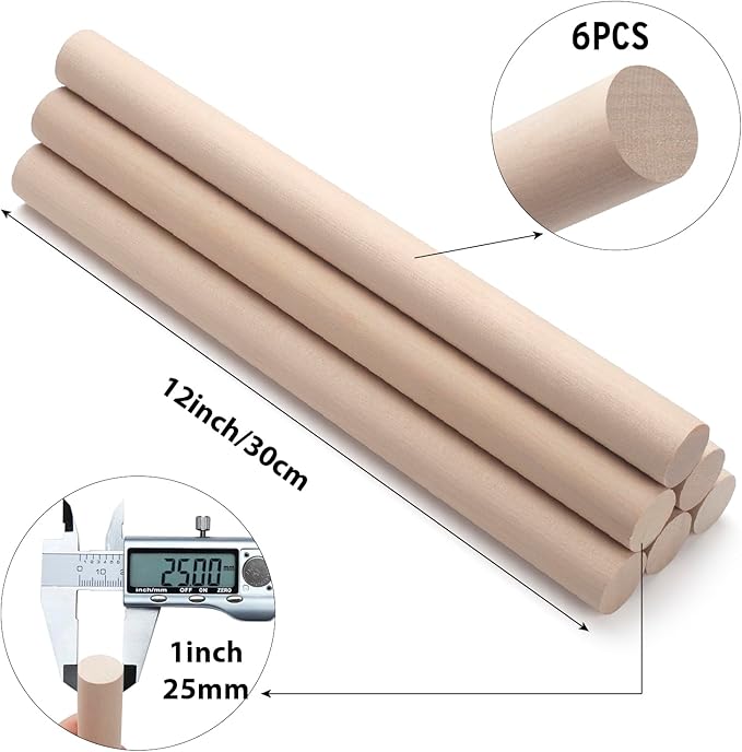 Wooden Dowel Rods Wood Dowels for Crafts, 6 PCS 1 x 12 Round Wooden Sticks for Crafts, Thick Macrame Dowels, Unfinished Hard Wood Sticks for Crafting, Arts and DIYers, Closets and Wedding