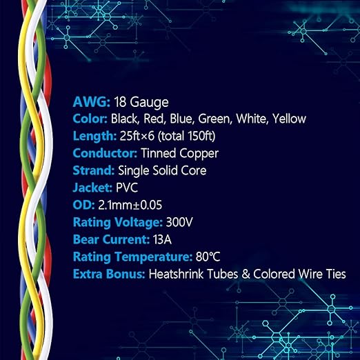 Fermerry 18 AWG Solid Core Wire Spool 25ft Each 6 Colors Flexible 18 Gauge Hook up Wire Kit Electrical Tinned Copper Wire PVC