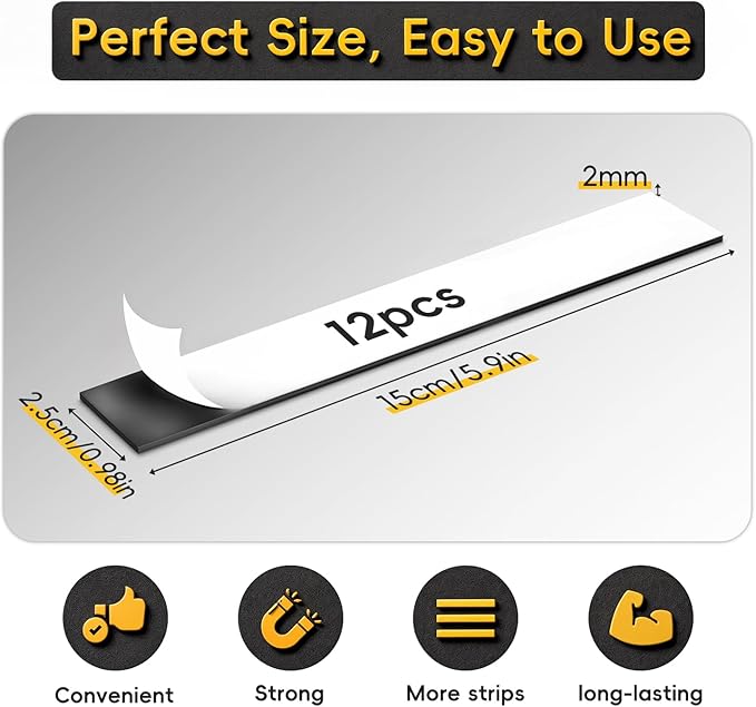 Magnetic Strips Self Adhesive,12 Pack 6" x 1" (150 x25 x 2 mm) Sticky Back Magnet Tapes, Flexible Durable Magnet Stickers for Classroom Office Kitchen, Fridge, DIY, Crafts