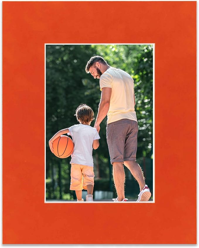 Pack of Ten Acid Free 11x14 Mats Bevel Cut for 8.5x11 Photos - Orange Suede Precut Matboards With Backing Boards and Self Seal Photo Mat Bags For Pictures, Photos, Framing - 4-ply Thickness