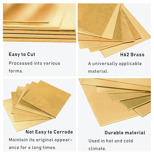 12 Gauge Brass Sheet，H62 Brass Plates Metal 0.079" Thickness x 3.9" Width x 3.9" Lenght, for Models, Crafts, Repairs, Electrical, 2Pcs