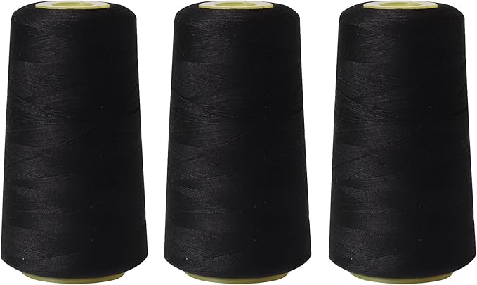 Sewing Thread Cone Set, 3 Pack Serger Thread, 3000 Yards Each, All Purpose Thread for Sewing, Quilting, Machines, Overlock, Merrow & Hand Embroidery (Black*3)