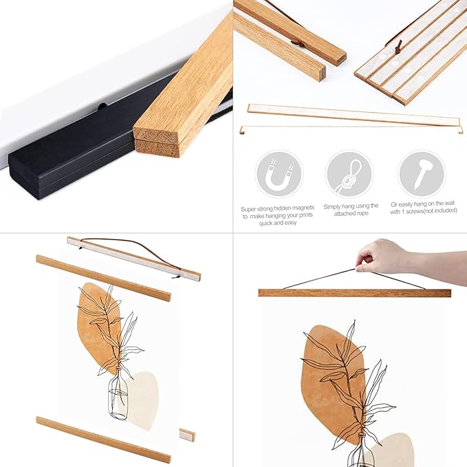 Ywlake Magnetic Poster Hanger, 14x22 14x20 14x24 Poster Frame Wood Wooden Magnet Print Posters Dowel Scroll Hanger Hangers Hanging Kit for Walls Map Canvas Artwork (Teak Wood, 14")