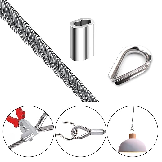 1/8 inch Wire Rope Kit, Haploon 33ft Wire Cable Rope Stainless Steel Cable Railing kit, 50 Pcs Aluminum Crimp Sleeves and 12 Pcs Thimble for Decking,Railing,DIY Outdoor Shades, Picture Hanging