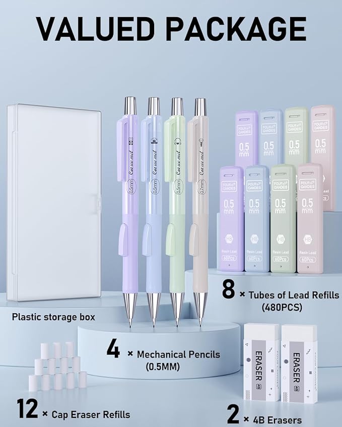 Four Candies Cute Mechanical Pencil Set with Case, 4PCS 0.5mm Pastel Fast Click Aesthetic Mechanical Pencils with 480PCS HB Lead Refills, 2 Erasers, 12 Eraser Refills School Supplies for Girls Writing
