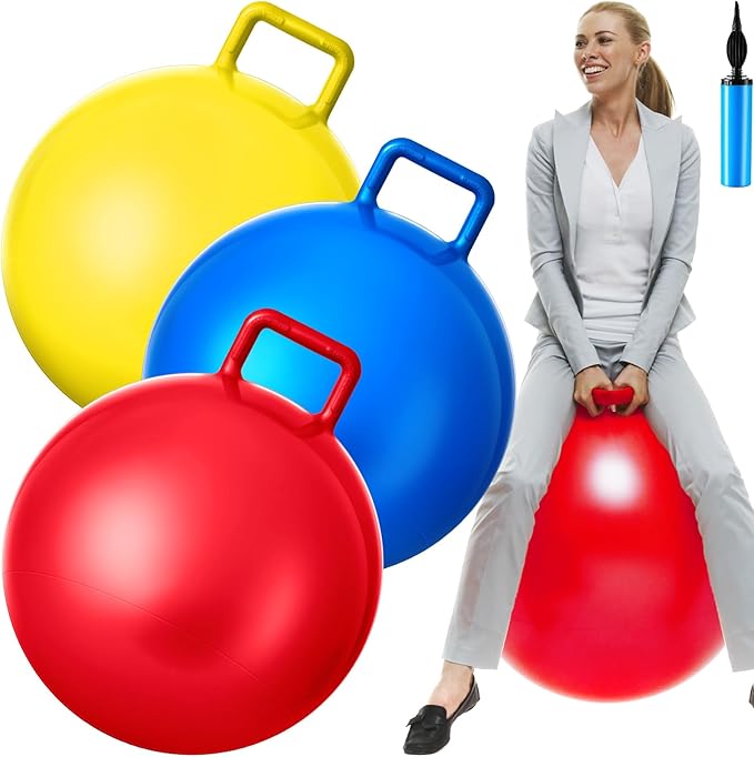 Lewtemi 3 Pcs 20 Inch Bouncing Ball with Handle, Outdoors Hopper Jumping Hopping Ball and Air Pump for Sports Exercise (Red, Blue, Yellow)