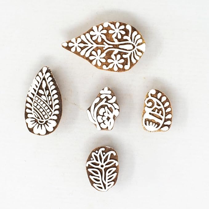 Small Floral Design Pottery Stamps - Indian Wooden Printing Stamps for Block Printing/Craft Card Making/Scrapbook/Clay Set of 5 | Hashcart®