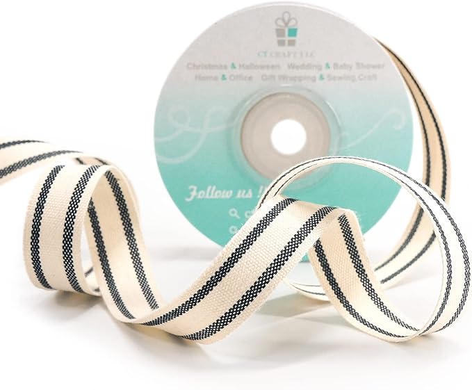 CT CRAFT LLC Ivory Cotton Black Stripes Ribbon 5/8" x 10 Yards for Home Décor Gift Present Wrapping DIY Crafts Birthday Wedding Bouquet Christmas