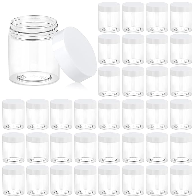 Eternal Moment 36 Pack 3 OZ Plastic Jars Round Clear Cosmetic Container Jars with White Lids, Perfect for Lotion, Slime，Cream, Ointments, Makeup, Eye Shadow, Samples, Pot, Travel Storage