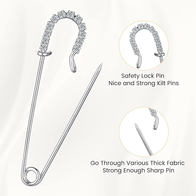 Housweety 10 Silver Tone Rhinestone Safety Pins Brooches 6.5x1.8cm