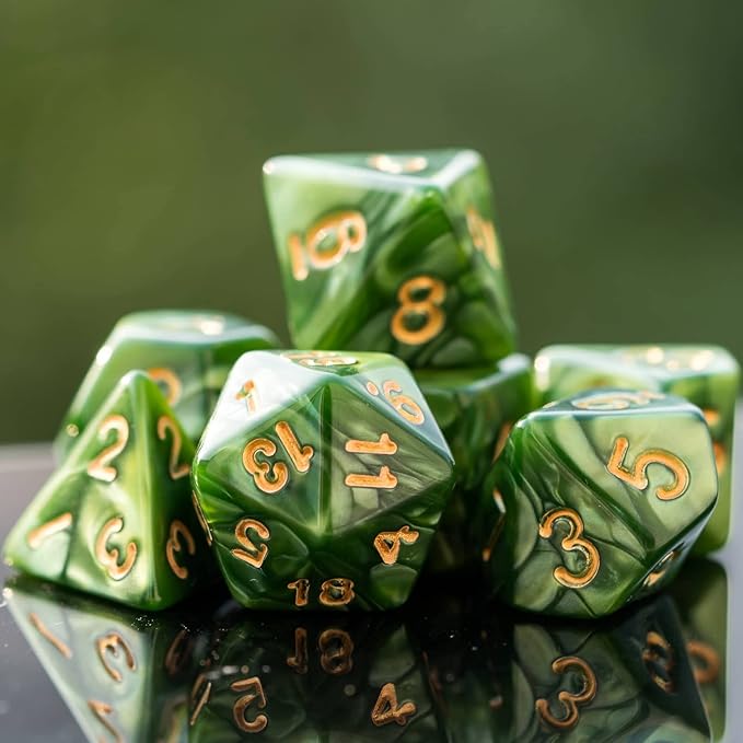 7-Die DND Dice Set Polyhedral Dice Set with a Leather Dice Bag, D&D Dice Set for Dungeons and Dragons, RPG Table Games (Green)