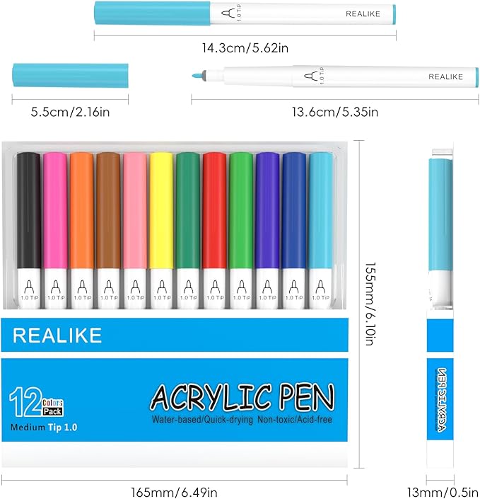 REALIKE Acrylic Paint Markers for Cricut Maker 3/Maker/Explore 3/Air 2/Air, Multicolor Acrylic Paint Pens for Rocks,Fabric, Paper, Wood, Canvas, Glass, Ceramic (1.0 Tip)
