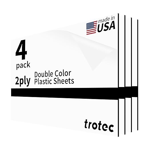 Trotec TroLase | 12"x20"x1/16", 4 Pcs | White/Black | 2 Ply | Modified Acrylic | Laser Engraving Double Color Plastic Sheet | Engraving Blanks for Laser, Saw, Guillotine | Made in USA