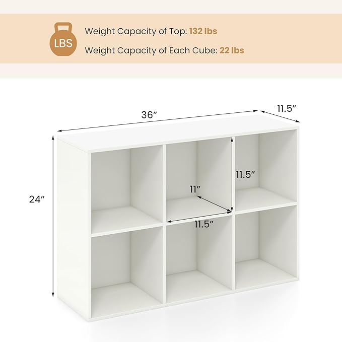 Giantex 6-Cube Bookcase, 3-Tier Cubby Bookshelf, Horizontal Vertical Display Rack with Anti-Tipping Kits, Modern Storage Organizer Shelf Unit for Bedroom, Living Room, Study Room, White