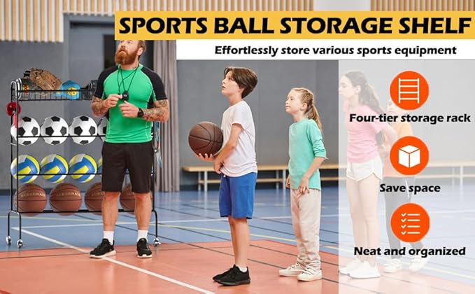 Ball Storage - 22.83" Basketball Cart With Wheels Garage Volleyball Storage Sport Equipment Holder Organizer For Indoor Outdoor,Metal Storage Rack For Playgroup,Gym And School