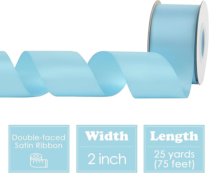 HUIHUANG Baby Blue Ribbon 2 inch Wide Double Faced Satin Ribbon Light Blue Ribbon for Gift Wrapping, Bows Making, Flower Bouquet, DIY Crafts, Baby Shower, Holiday Party Decor-25 Yards/Roll