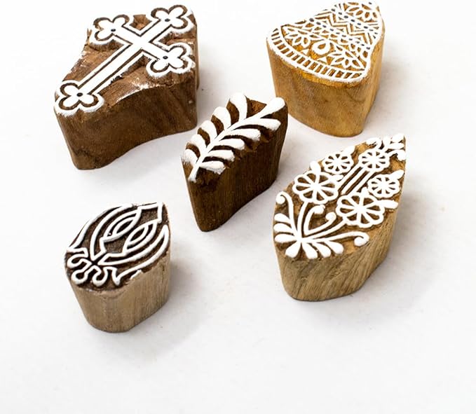 Wooden Indian Traditional Design Printing Stamps - Stamp Block for Printing Saree Border/Dresses/Craft Card Making/Scrapbook/Clay Pottery (Set of 5) Hashcart®
