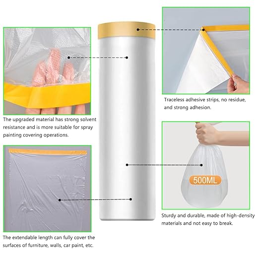Pre-Taped Masking Film-70inx65ft Tape and Drape Painters Plastic Rolls, Plastic Painting Film for Automotive Painting Covering,Protective Drop Film for Furniture, Car, Floor (4rolls, 70in×65ft)