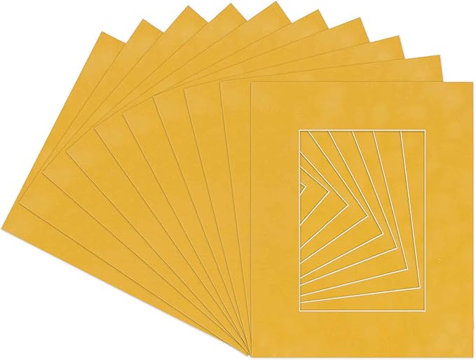 Pack of 25 Acid Free 8x10 Mats Bevel Cut for 5x8 Photos - Sunrise Yellow Suede Precut Matboards With Backing Boards and Clear Photo Mat Bags For Pictures, Photos, Framing - 4-ply Thickness