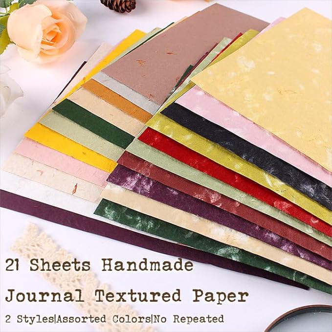 Textured Handmade Paper Sheets for Crafts, 21 Sheets A5 Thick Mulberry Scrapbook Paper for Card Making Supplies, Embossed, DIY Art Junk Journal, Collage, Mixed Media