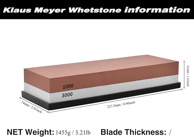 Klaus Meyer Premium Whetstone Knife Sharpening Stone 2 Side Grit 1000/3000 Waterstone- Whetstone Knife Sharpener- NonSlip Silicone Base