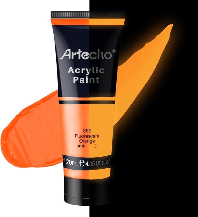 Artecho Glow in the Dark Paint, Neon Orange Paint (120ml / 4.05oz) Tubes, Art Craft Paints for Canvas, Rock, Stone, Wood, Fabric, Art Supplies