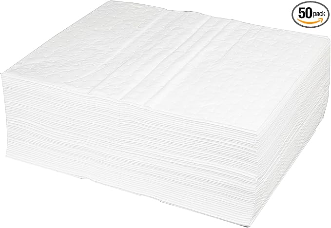 PONO 50 Pcs Oil Absorbent Pads, 15x20 IN White Heavy Weight Oil-Only Absorbent Pad,Used for Oil Spill Cleaning in Garage Workshop, Reusable, Washable, Durable