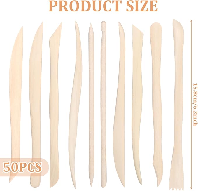 50PCS Wooden Clay Sculpting Tools, 6.2'' Smooth Double Ended Clay Modeling Tools, Polymer Clays Tool Sculpting, Wood Pottery Tool Kit for Ceramics Soap Playdough Carving Supplies