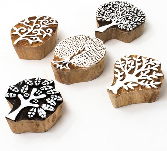Tree Shape Wooden Block Stamps - Wooden Printing Stamps - Indian Textile Printing Blocks for Tattoo Clay Pottery Henna Card Making Pack of 5, Hashcart®