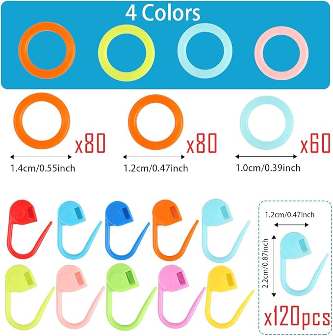 LUNARM 340 Pcs Stitch Ring Markers and Colorful Knitting Crochet Locking Counter Stitch Needle Clips with 2 Storage Boxes for Handicraft Weaving Sewing