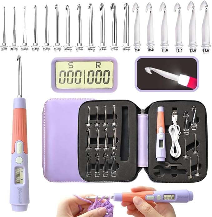 Yarniss Crochet Hooks with Counter 2.0mm-14.0mm,18 Size Digital Counting & Lighted Crochet Hooks Set with Case