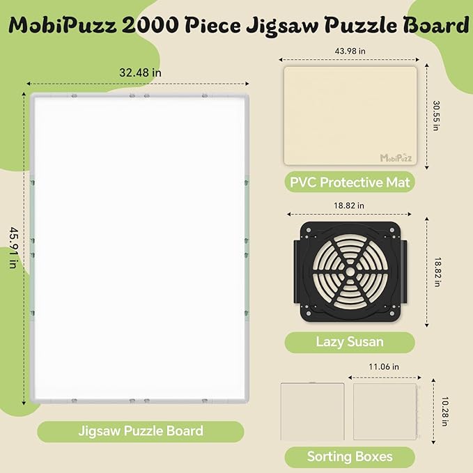 2000 Pieces Puzzle Board 3-in-1 Double-Sided & Rotating & Tilting, Plastic Puzzle Table with Sorting Boxes and PVC Cover, Portable Lazy Susan Jigsaw Puzzle Board for Adults, Gray Green