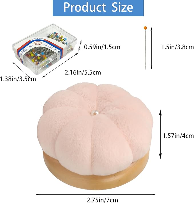 Hilltian Pin Cushion for Sewing, Wooden Base Sewing Pincushion with 100 Plastic Head Pins, Cute Pins Holder for Sewing Quilting (Light Pink)