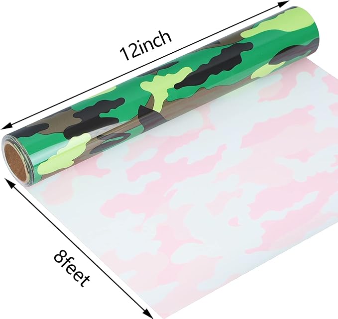 Guangyintong Camouflage Green Heat Transfer Vinyl HTV Rolls, 12" x 8ft PU Iron on Vinyl for T-Shirts, Stretchy Thin Soft HTV for All Cutter Machines, Easy to Cut & Weed