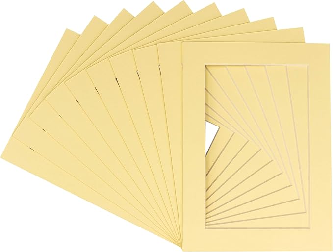 5.5x8.5 Mat for 8.5x11 Frame - Precut Mat Board Acid-Free Show Kit with Backing Board, and Clear Bags Soft Yellow 5.5x8.5 Photo Matte For a 8.5x11 Picture Frame Matboard for Framing, Pack of 25 Mats