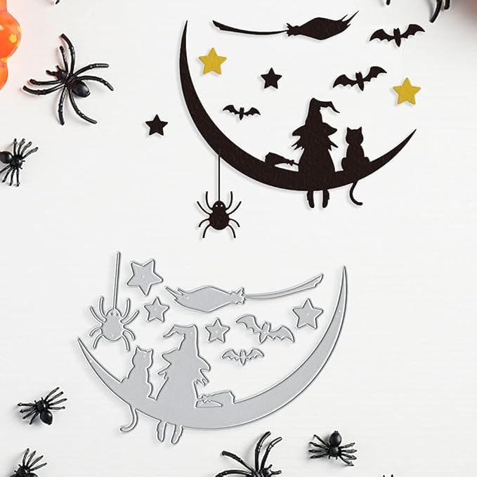 Metal Halloween Die Cuts Moon Cat Spider Star Witch Cutting Dies Embossing Stencil Template for Card Making Scrapbooking Paper Craft Album Stamps DIY Halloween Décor