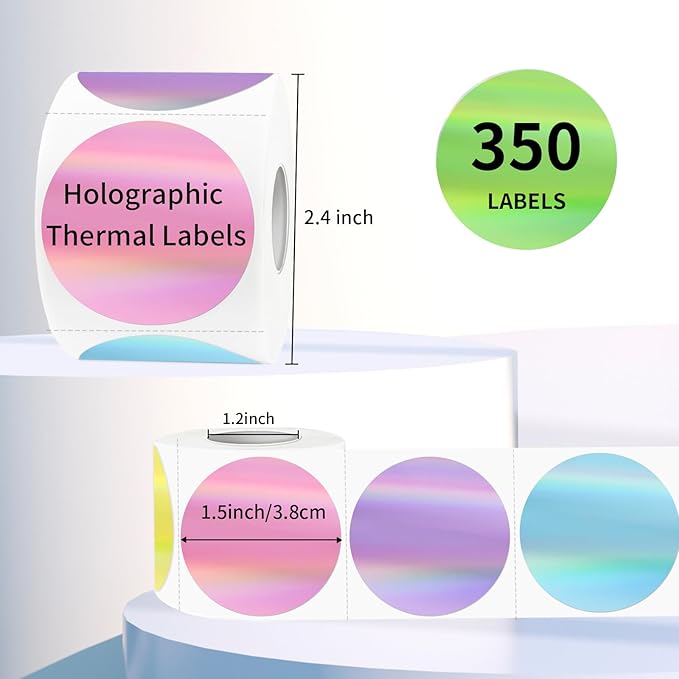 Holographic Thermal Labels Stickers 1.5 inch, Glitter Round Direct Thermal Stickers Label, Perforation Line Design (350 Sheets, 5 Colors)