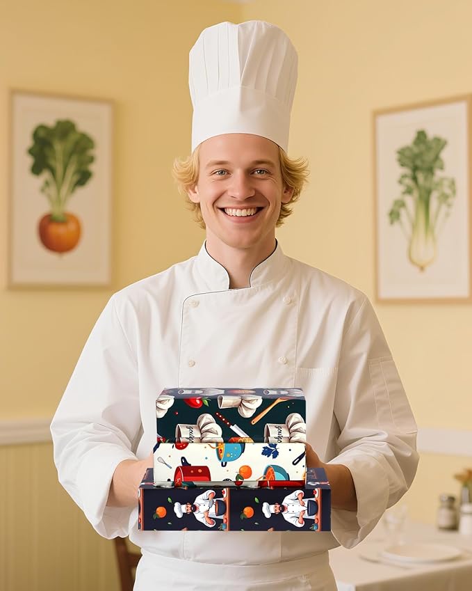 Pineraap 12 Sheets Chef Cooking Wrapping Paper, Vegetable Cooking Theme Gift Wrap Paper for Baker, Tomato, Chef Design Folded Flat Art Paper for Birthday, Kitchen Gifts, DIY Crafts, 19.7 x 27.6 Inch