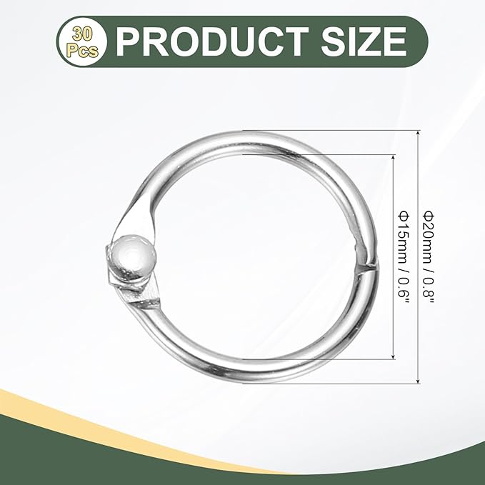 PATIKIL 0.6" x 0.8" Loose Leaf Binder Rings, 30 Pcs Metal Book Rings Nickel Keychain Ring for Paper Index Cards Flash Card Notebook Rings Office Home Book Binder, Silver Tone