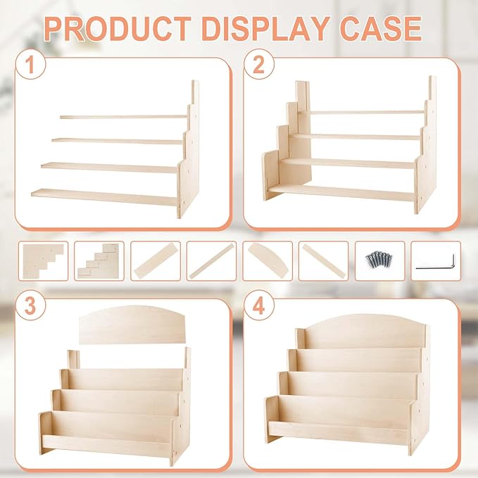 4-Tier Wooden Greeting Card Display Stand, Sticker Organizer Rack, Retail Counter Holder for Postcards and Photos& Stationery Vendors (Burlywood)