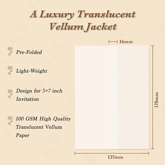 120 Pack Pre-Folded Vellum Jackets for 5x7 Invitations, Translucent Vellum Paper 5x7 Jackets, 100GSM Wedding Invitations Wraps, Envelope Liners for Birthdays, Baby Showers