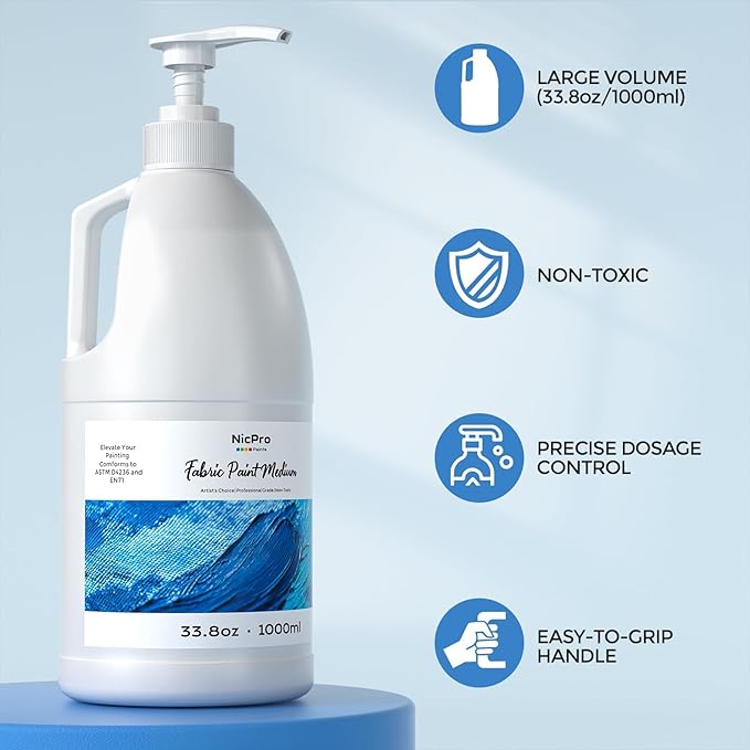 Nicpro Professional Effects Fabric Medium, 33.8oz Bottle with Pump, Fabric Painting Acrylic Fluid Medium, Improves Acrylic Paint Adhesion to Fabrics, Textiles for DIY Clothing, T-shirts, Shoes Jeans Bags