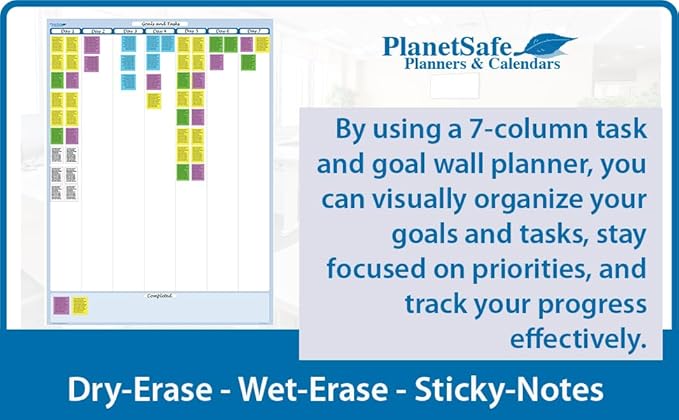 PlanetSafe Planners & Calendars Sky Blue 7-Column Task, Goals & Objective Wall Vertical Organizer 36" x 24" Complete with Marker