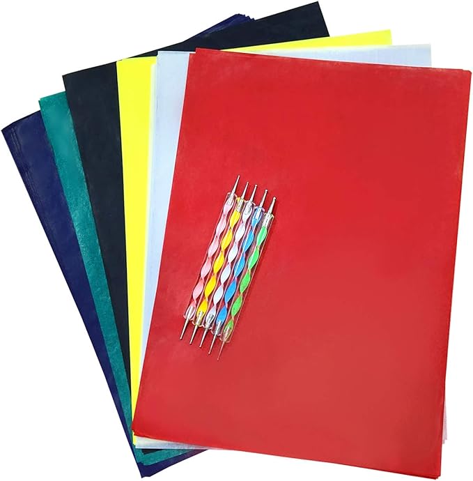60 Sheets Carbon Transfer Paper,Tracing Paper Carbon Graphite Copy Paper with 5 Pieces Embossing Styluses Stylus Dotting Tools for Wood,Paper,Canvas and Other Art Surfaces 8.3 x 11.7 inches(6 Colors)