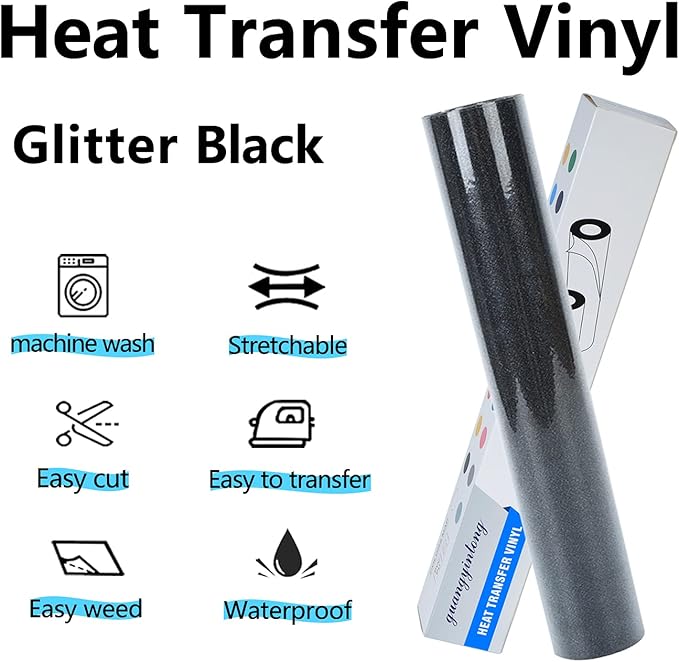 guangyintong Glitter Black Heat Transfer Vinyl HTV Rolls, 12" x 8ft Iron on Vinyl for T Shirts Glitter Black HTV Vinyl for All Cutter Machines Easy to Cut & Weed for Heat Vinyl Design