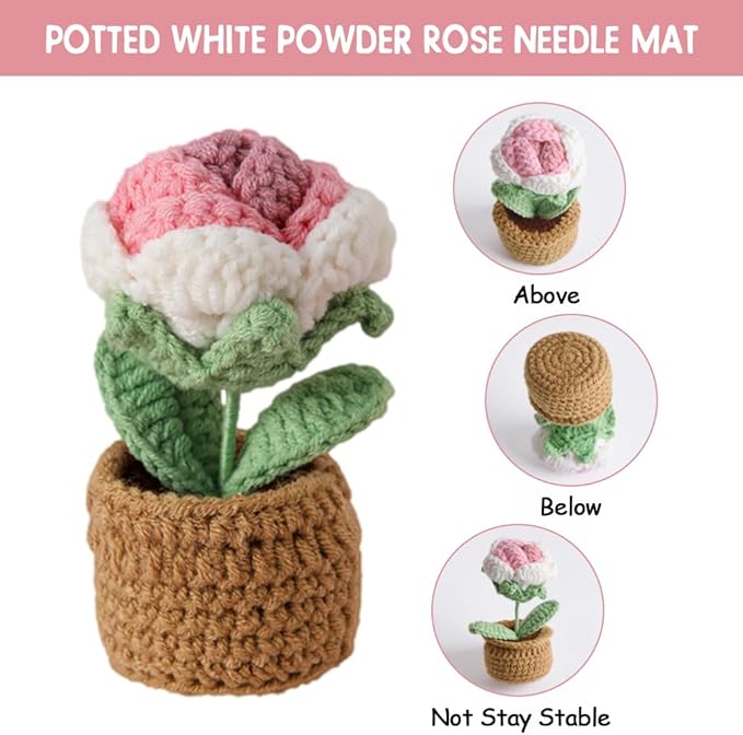 Rose Pin Cushion, Handmade Knitted Pincushions, Cute Pin Cushions Needle Holders for Sewing Quilting Accessory, DIY Crafts or Patchwork Decor.Potted White Pink Rose