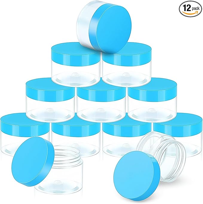 SATINIOR 12 Pack 4 oz Plastic Container Jars with Lids Round Clear Travel Cosmetic Container Slime Jars for Toiletries, Lotion, Cream, Ointments, Makeup, Rhinestone, Samples, Kitchen Storage(Blue)