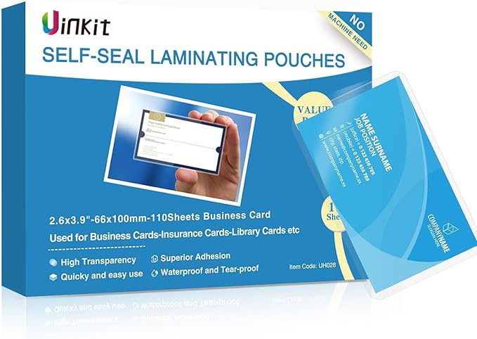 Uinkit 110-Pack Bulk Business Card Laminating Pouches, 10Mil Double-Sided for 2.6x3.9" Cards, Ultimate Volume Solution for Restaurant IDs, School Badges, Event Credentials - No Laminator